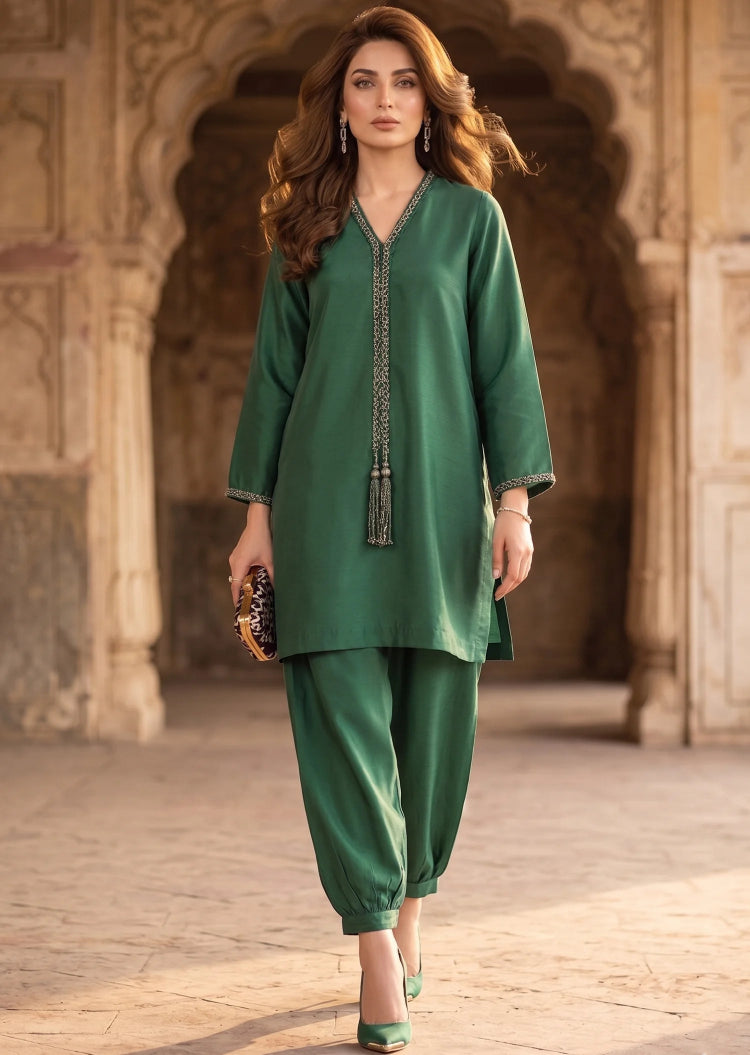 Rameen 3 piece Korean raw silk stitched suit with balloon pants by Aiwish.