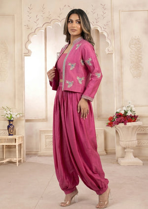 Outdoor shot of Bellina rose pink sheesha silk 3 piece dress