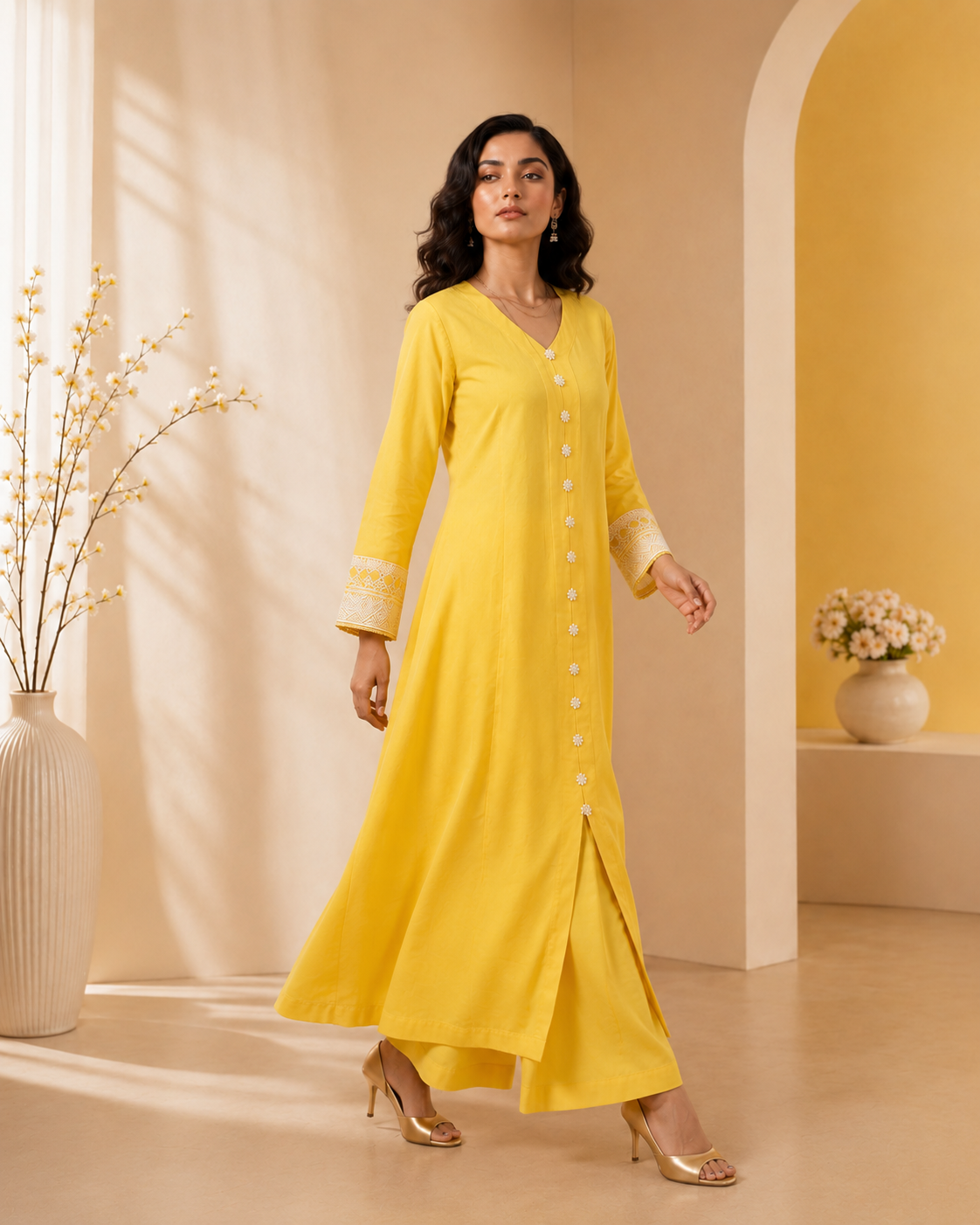 Sunlit Lemon shirt neckline with aari embroidered buttons