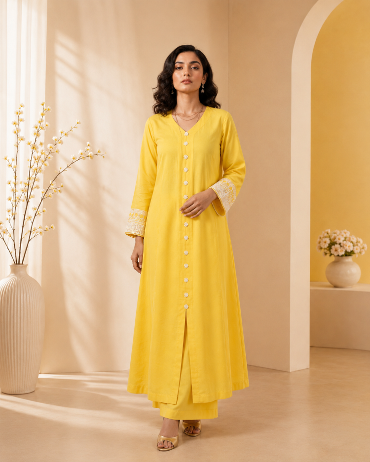 Sunlit Lemon yellow raw silk front slit dress by Aiwish by Aiza