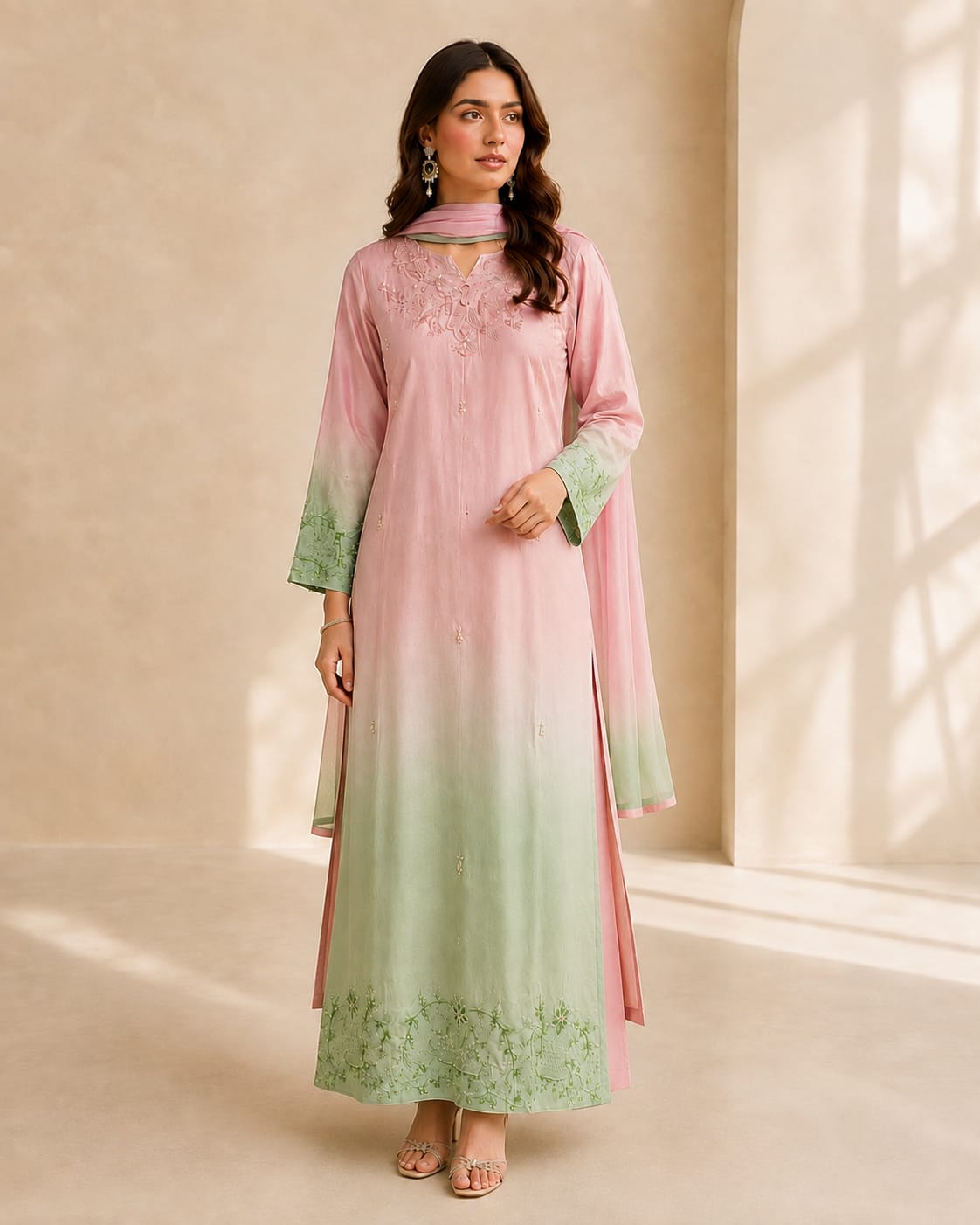 Afsana – Blush Pink and Sage Green Ombré Kaftan