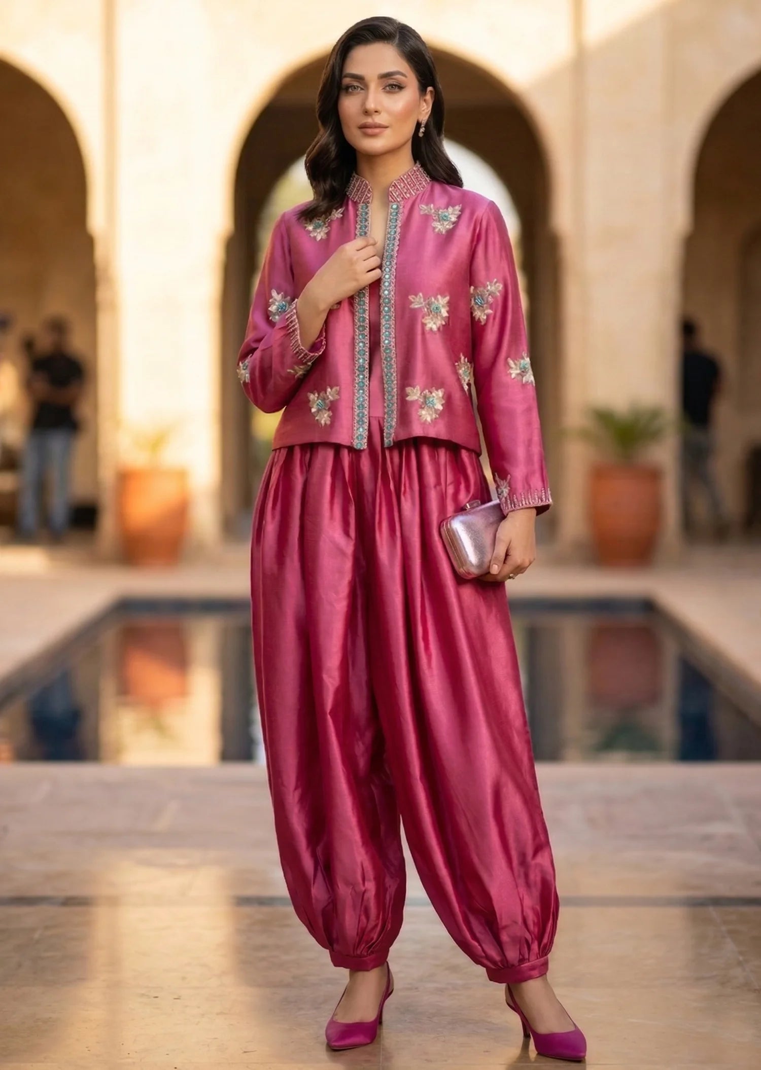 Bellina rose pink silk jacket with adda work and stone embellishments