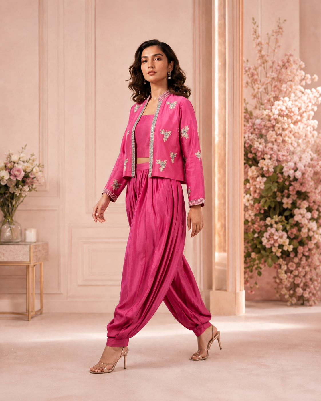 Bellina rose pink embroidered jacket with inner and balloon pants