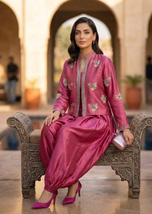 Seated view of Bellina rose pink pure sheesha silk festive dress
