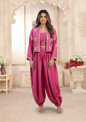 Front view of Bellina rose pink jacket style festive dress