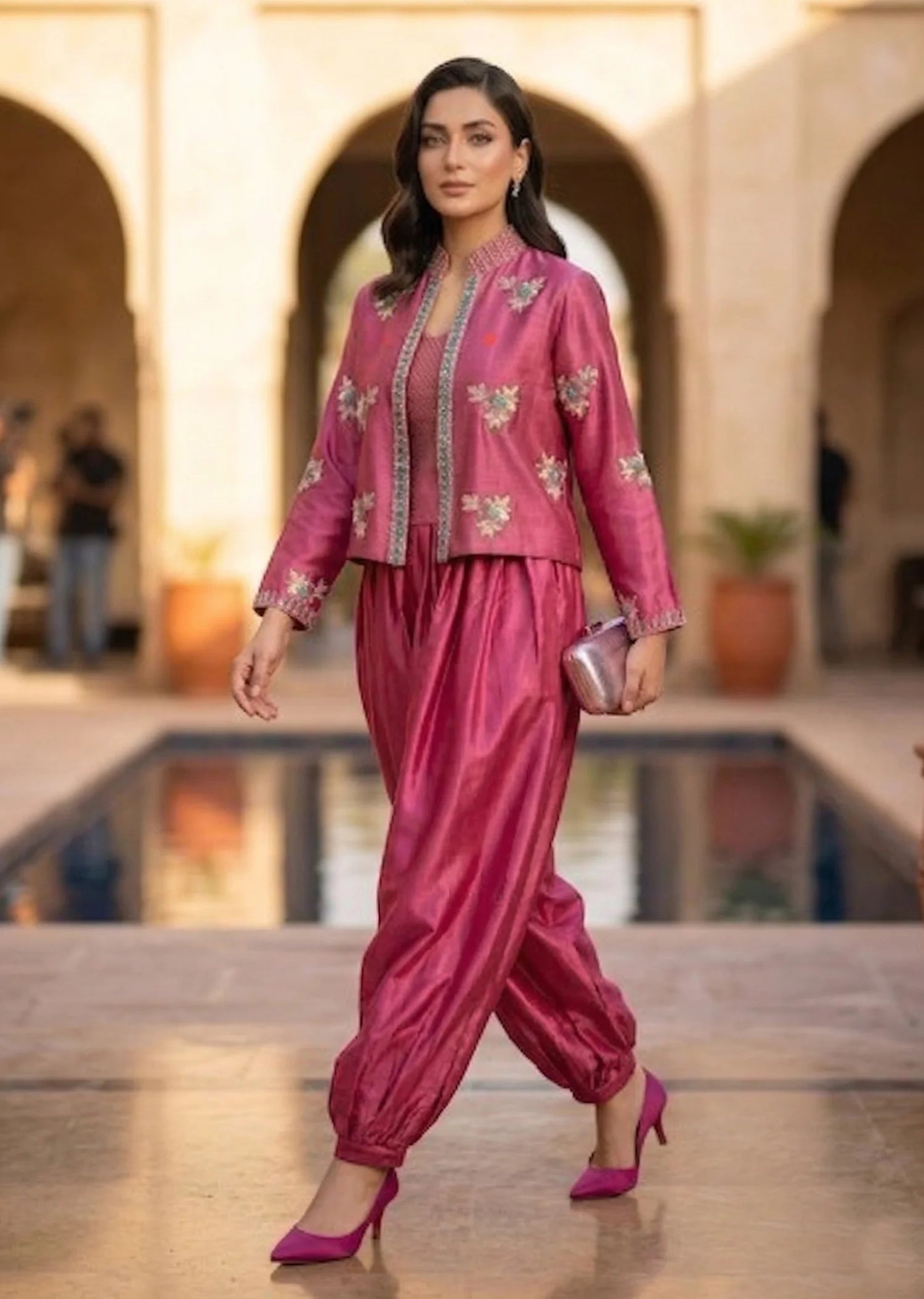 Bellina rose pink 3 piece silk outfit for festive occasions