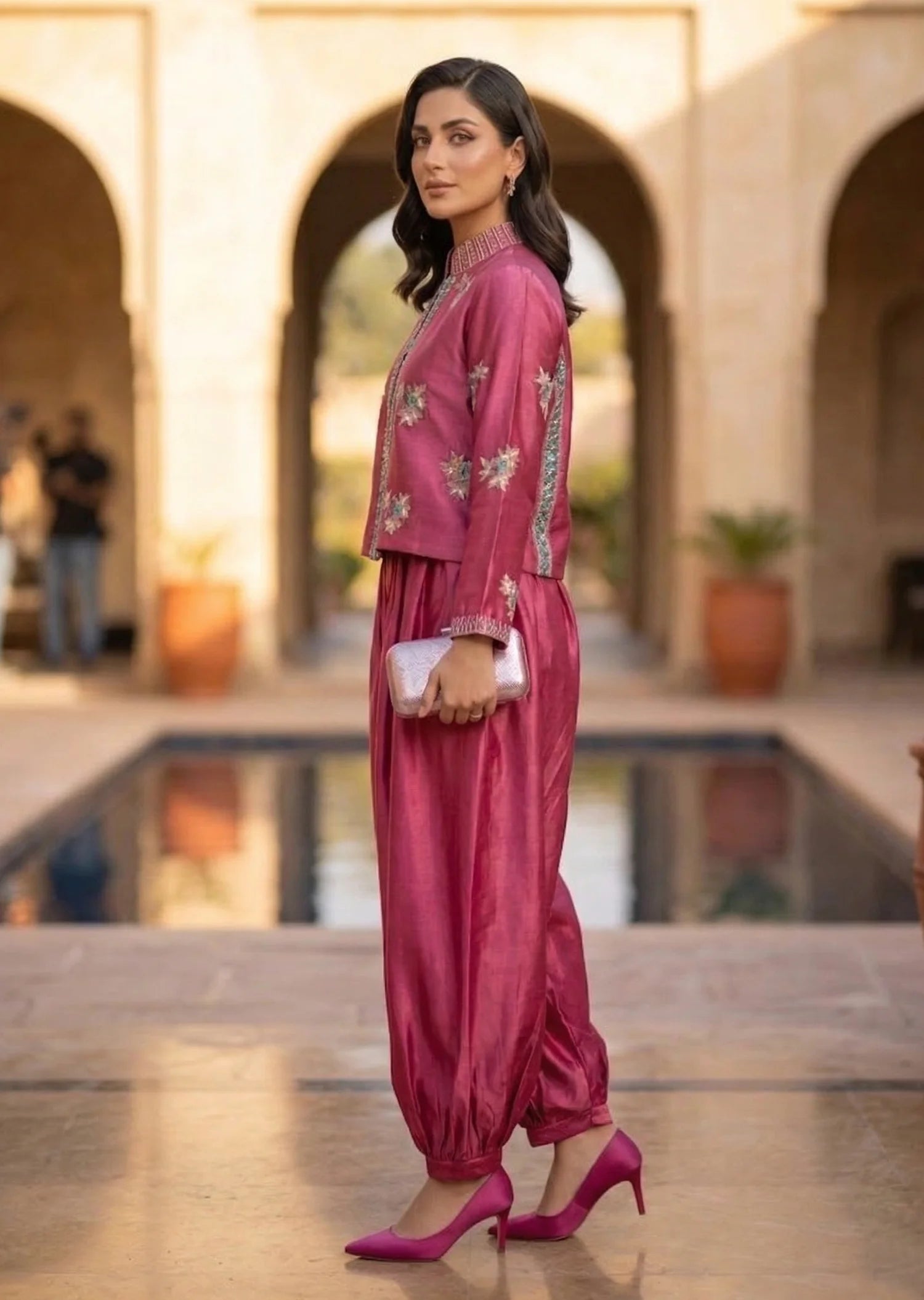 Side view of Bellina rose pink sheesha silk embroidered jacket outfit