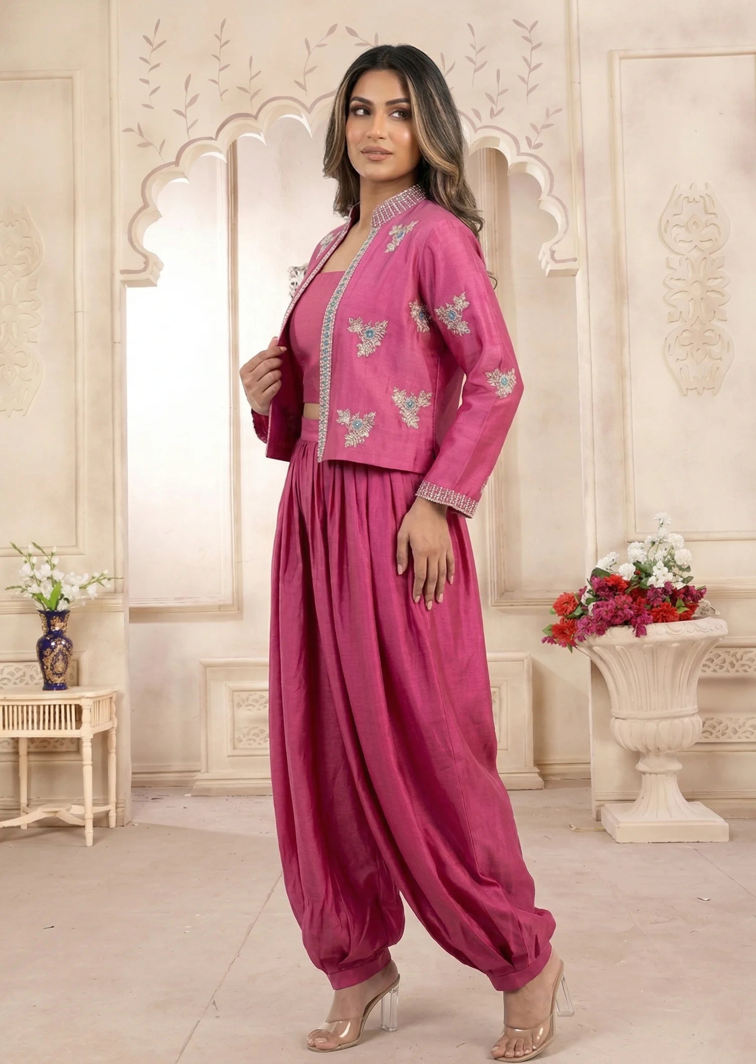 Outdoor shot of Bellina rose pink sheesha silk 3 piece dress
