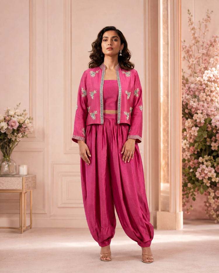Bellina rose pink pure sheesha silk 3 piece suit with balloon pants