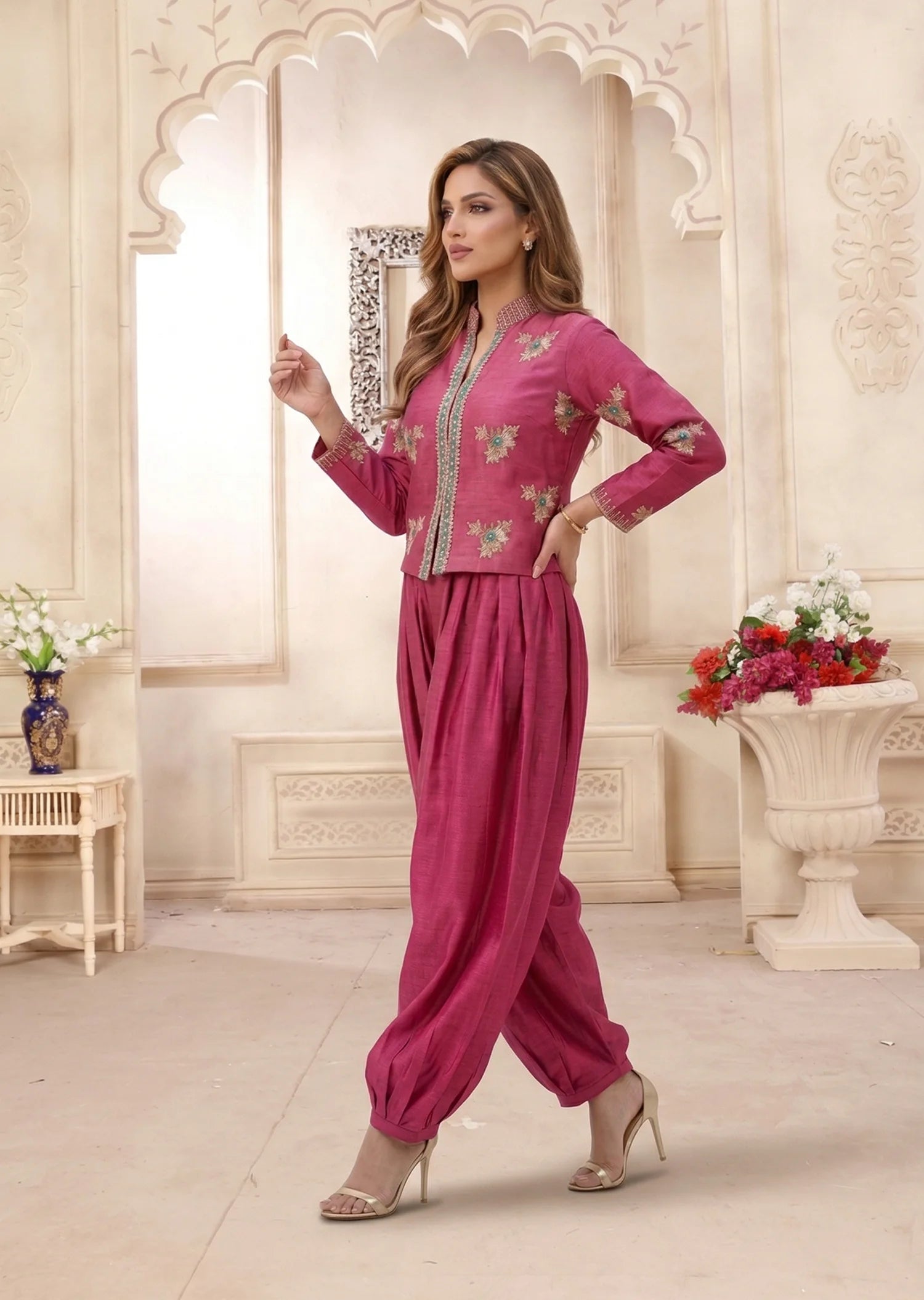 Side angle view of Bellina rose pink jacket and balloon pants