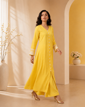Sunlit Lemon shirt neckline with aari embroidered buttons