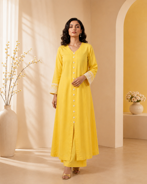 Sunlit Lemon yellow raw silk front slit dress by Aiwish by Aiza