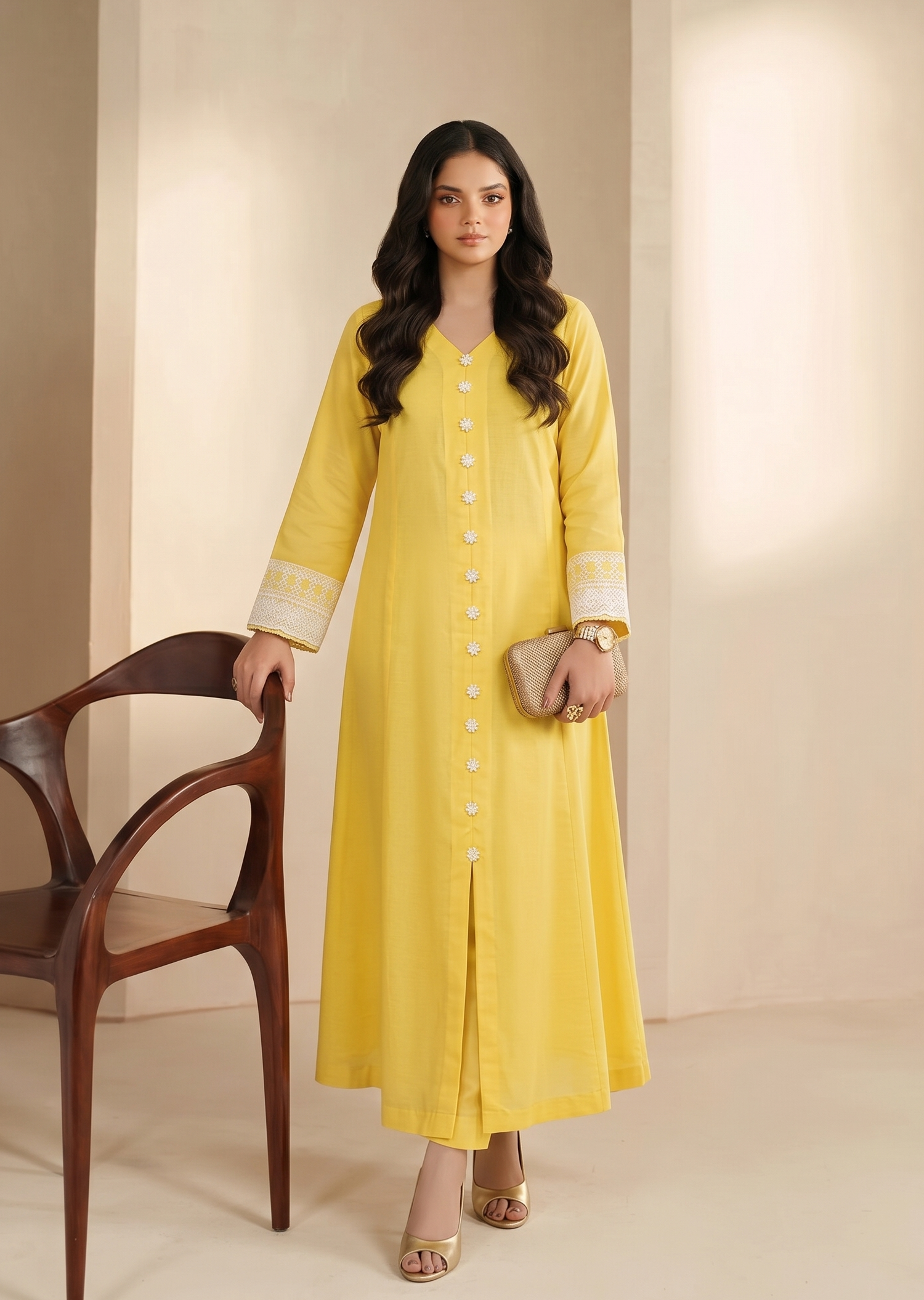 Full view of Sunlit Lemon 2 piece stitched raw silk suit