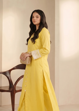Side view of Sunlit Lemon festive two piece outfit